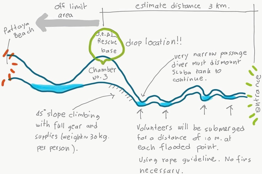 A map shared by a Thai diving website shows the difficult conditions diving rescuers would face.