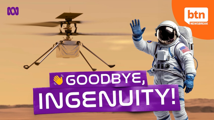 An astronaut waving goodbye with a rover in the background. 