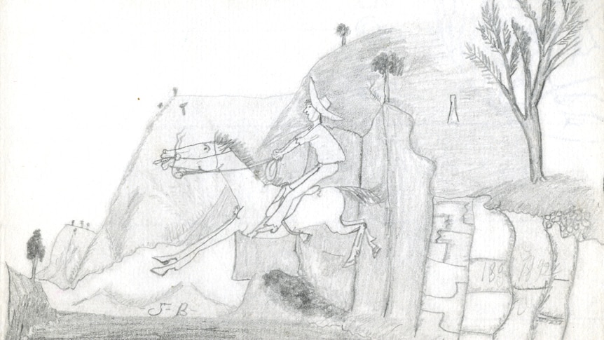 A pencil on paper drawing of a stockman in the bush racing away on a horse