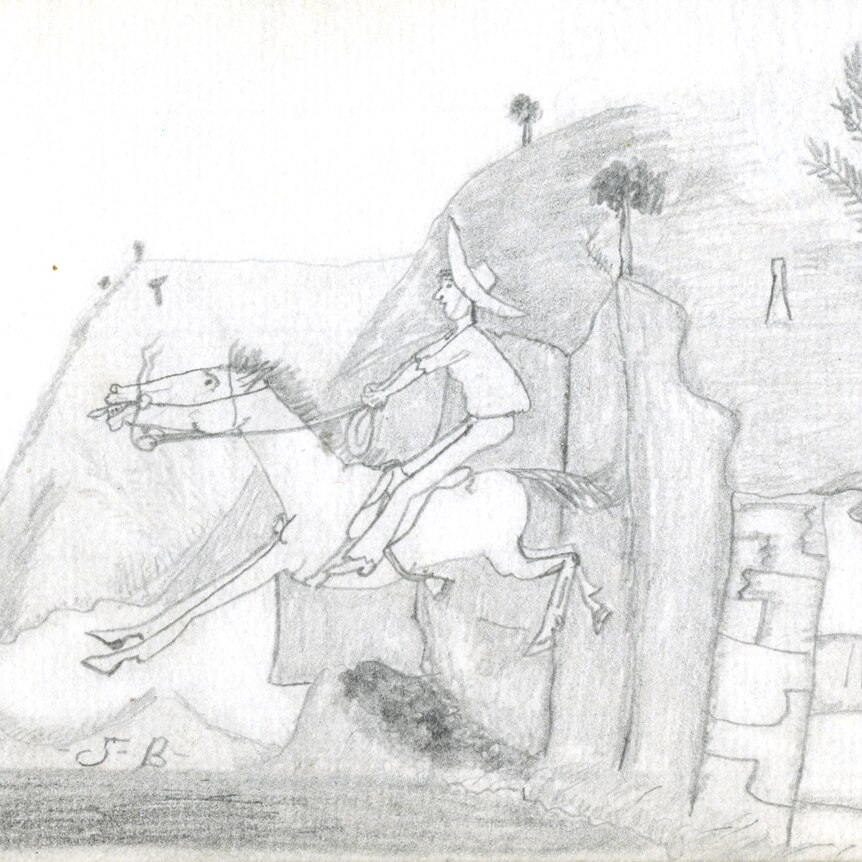 A pencil on paper drawing of a stockman in the bush racing away on a horse