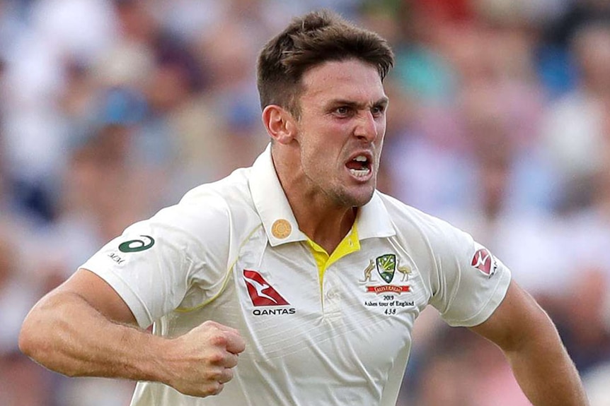 Australia bowler Mitchell Marsh pumps his fist in celebration of another Test wicket.