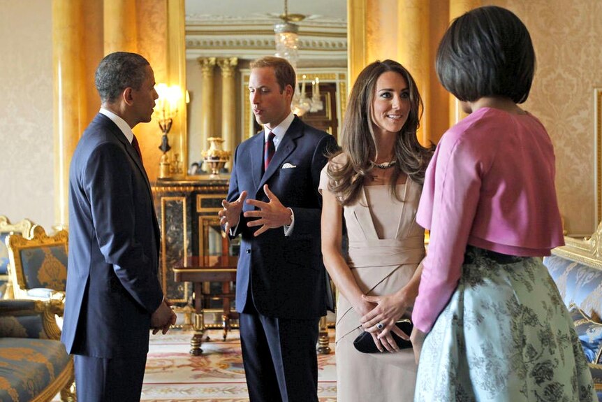 US president Barack Obama and first lady Michelle Obama talk to Britain's Prince William and Catheri