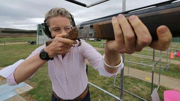 Senator Bridget McKenzie aims a gun during a press gallery event at the Canberra International Clay Target association.