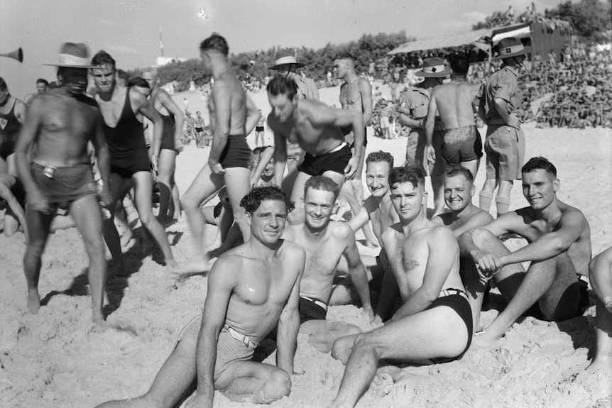 Australian soldiers participating at a surf carnival on a beach in the Gaza region, possibly in July, 1941.