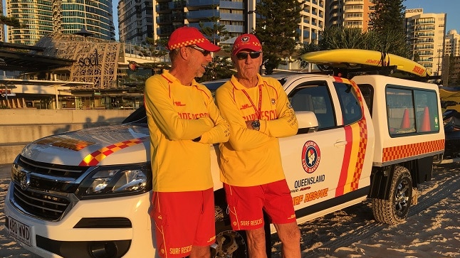 80-year-old Peter Anderson (right) and his long-term dawn patrol partner Grahame Long.