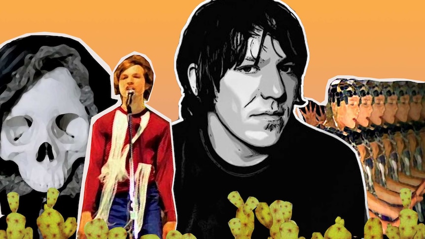 Collage of Beck, Elliott Smith, Roisin Murphy of Moloko and a skeleton from the Chemical Brothers Hey Boy Hey Girl film clip