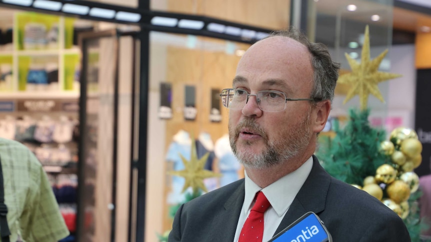 Commerce Minister Bill Johnston addressing media in front of a Christmas Tree