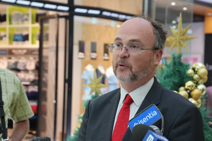 Commerce Minister Bill Johnston addressing media in front of a Christmas Tree