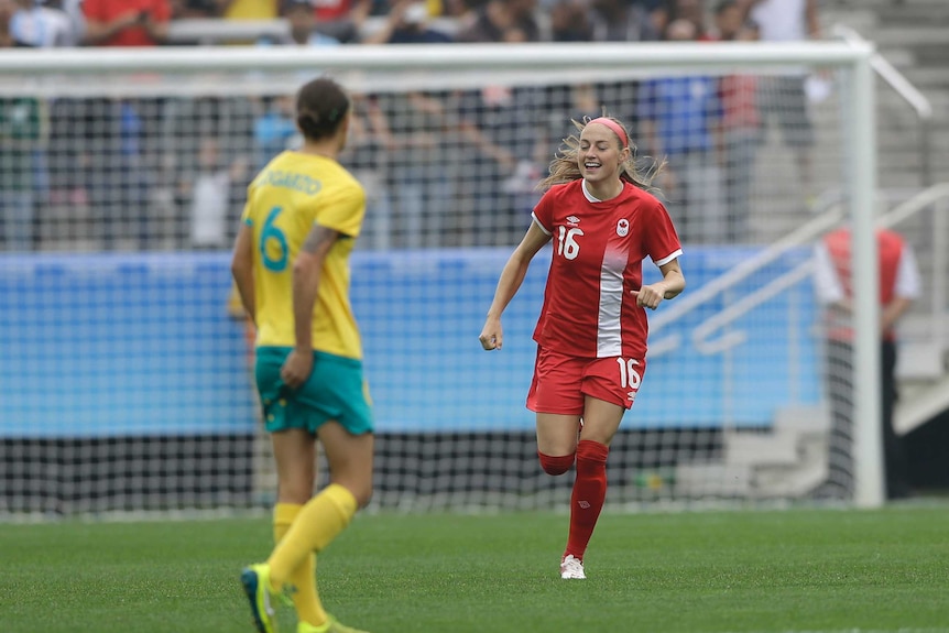 Janine Beckie celebrates goal against Australia