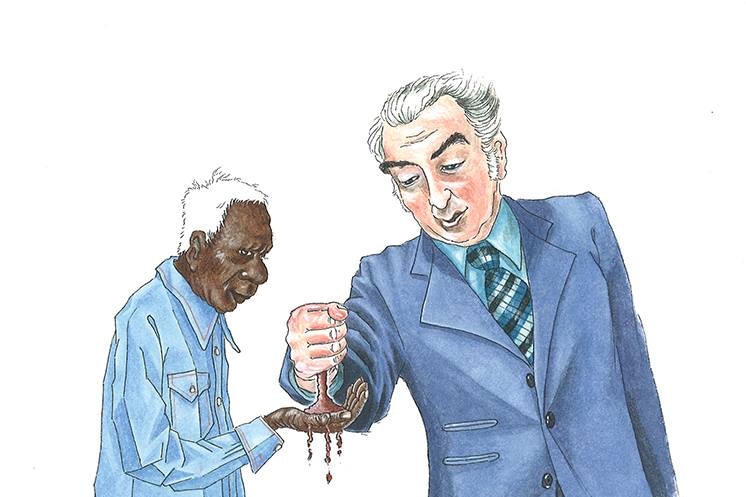 Gough Whitlam hands Vincent Lingiari a handful of soil in a cartoon by Mary Leunig