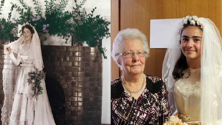Nancy Taylor, pictured left at her 1953 wedding and right, with Stitched Up student Tayla Bain.