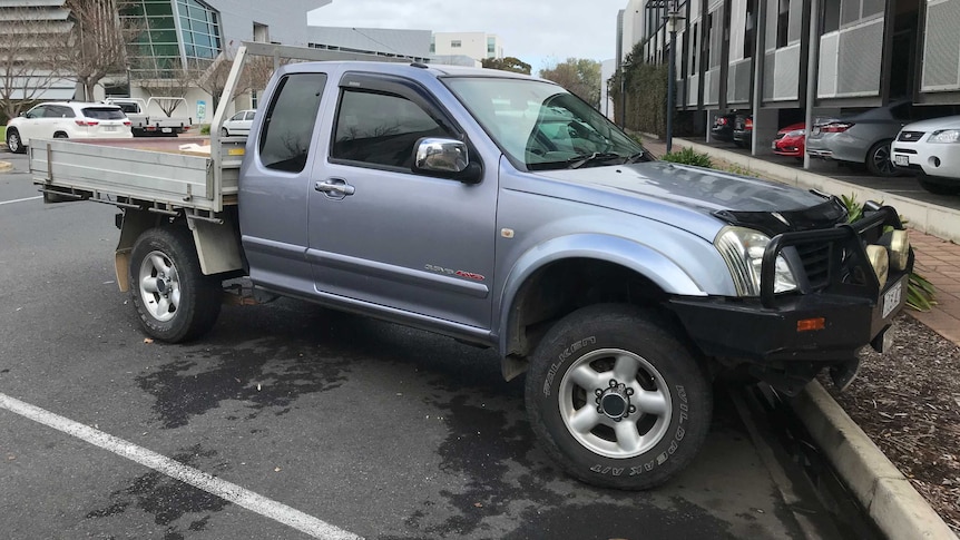 A ute with a tray near a carpark