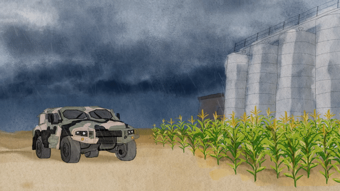 Watercolour image of a tank parked next to a corn crop, lightening shooting from a stormy sky above