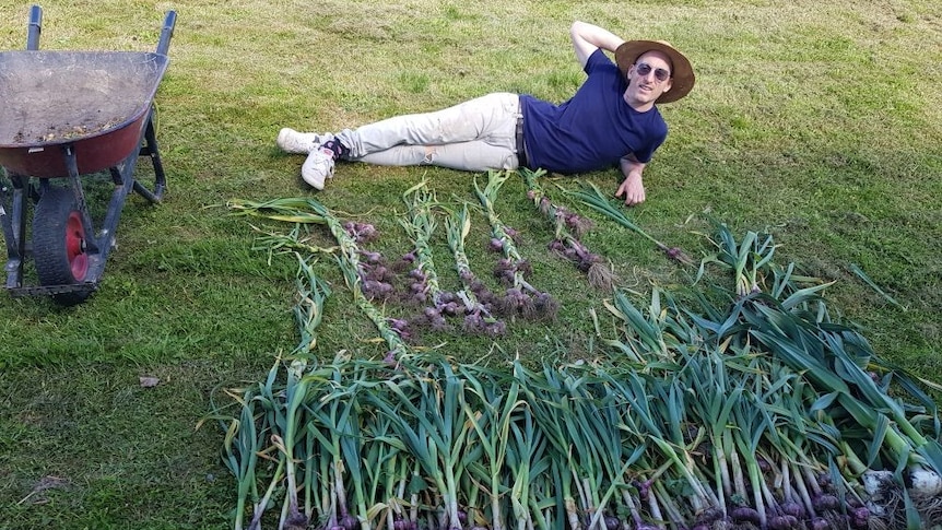 A man in a hat and sunglasses lies on the grass above a large crop of garlic