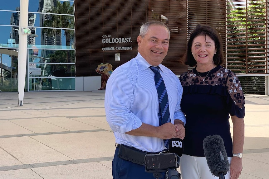 Tom Tate, who was re-elected on Saturday, with his wife Ruth, outside council chambers.