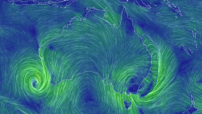 Wind map showing swirling off both the east and west coast