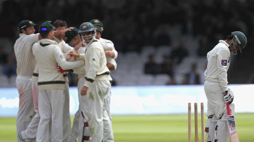 Sent packing...Salman Butt could hardly believe it when Tim Paine whipped his bails off.