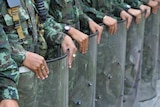 Thai soldiers stand guard in Bangkok.