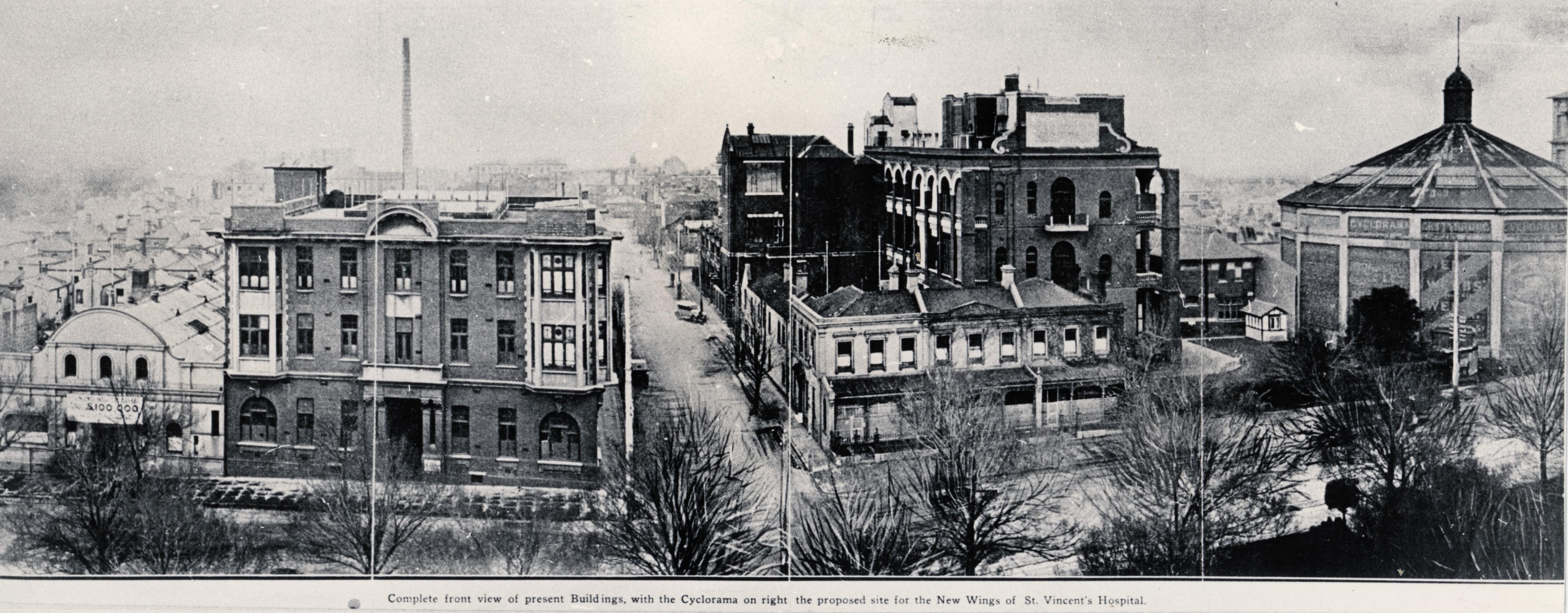 A black-and-white panoramic image of the Melbourne suburb of Fitzroy in 1925.