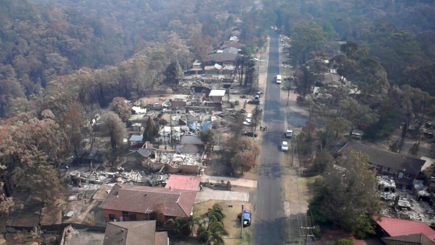 Aerial shot of Winmalee street burnt in Bushfires