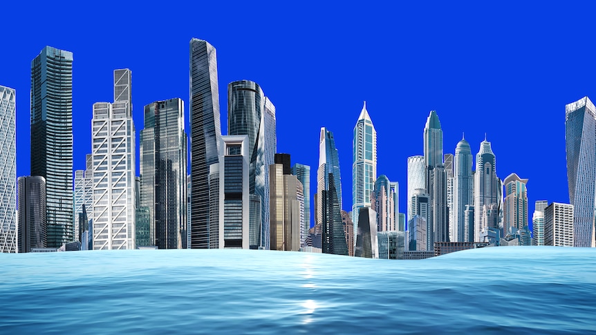 A collage of sea water rising up on city buildings.