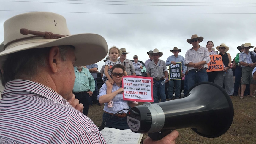 Grazier John Baker leads a group of protestors at the rally near Rockhampton.
