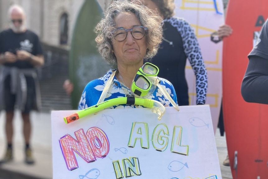 A woman with a mask and snorkel around her neck holds a billboard reading 'NO AGL IN WESTERNPORT', outside Parliament House.