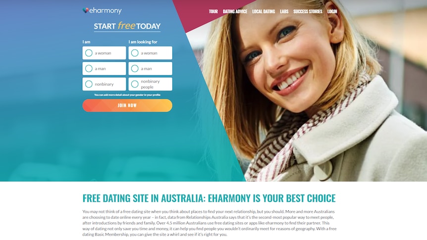 A page from eHarmony’s website shows examples of its ‘free dating’ statements