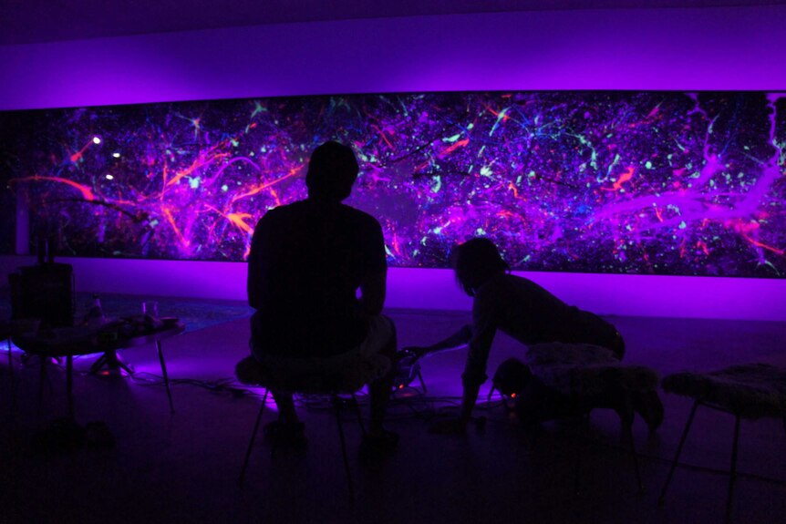 Staff members set up UV lights to make the painting glow in the dark.