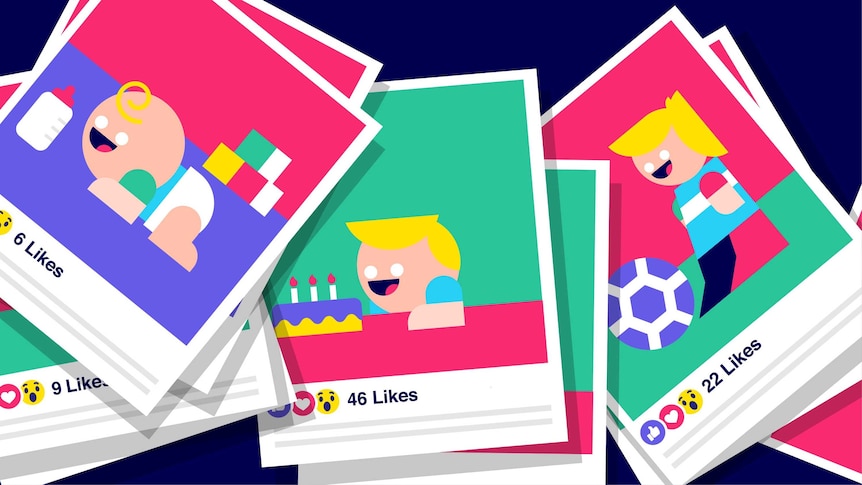 Illustration depicting photos of small children with the number of Facebook "likes" and comments shown beneath each photo.