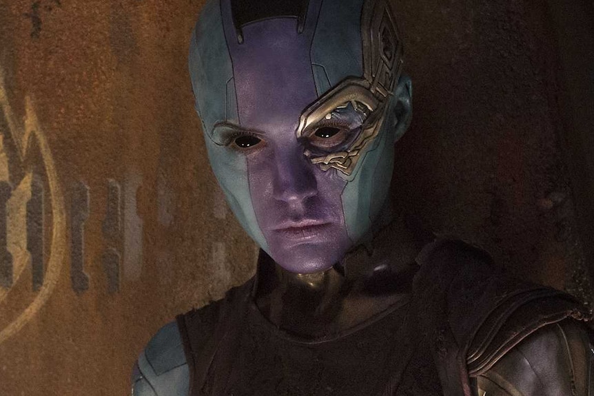 Nebula, a blue woman who is part machine.