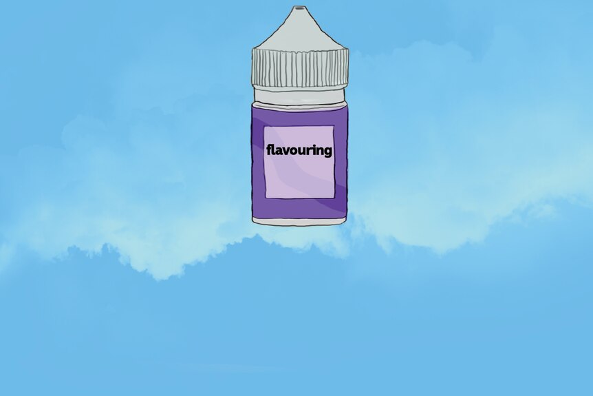 An illustration of a vape bottle with the ingredient flavouring listed on the label