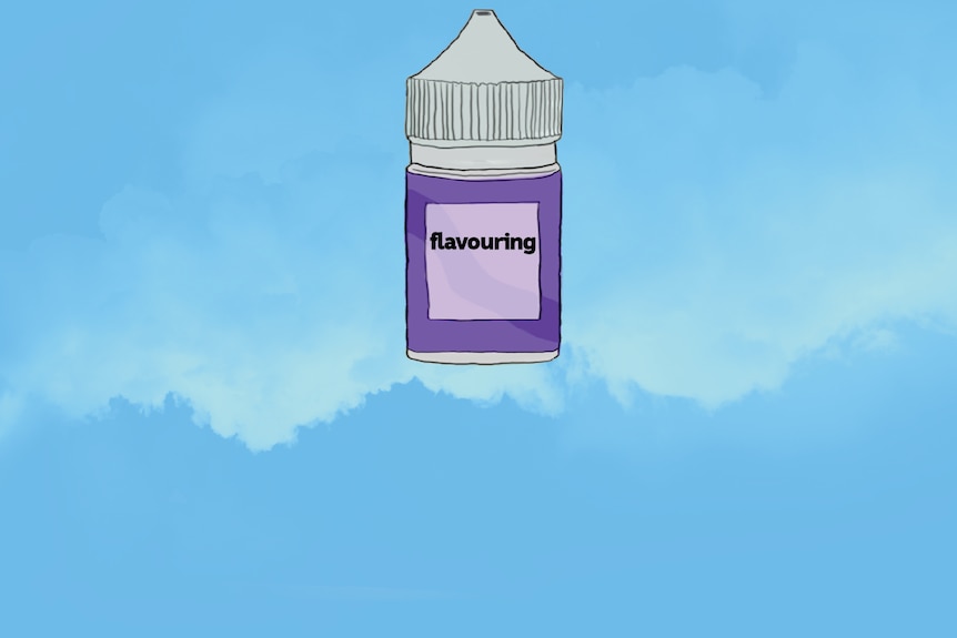 An illustration of a vape bottle with the ingredient flavouring listed on the label