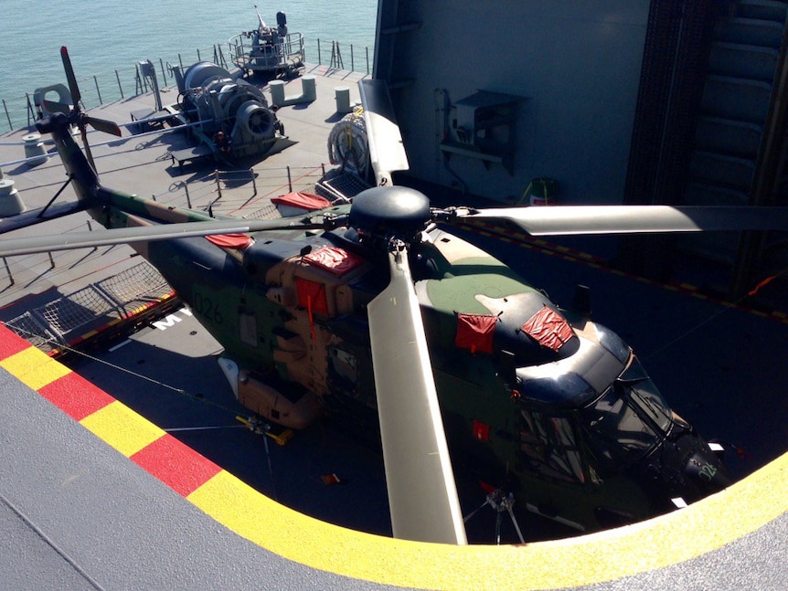 A helicopter on the HMAS Adelaide