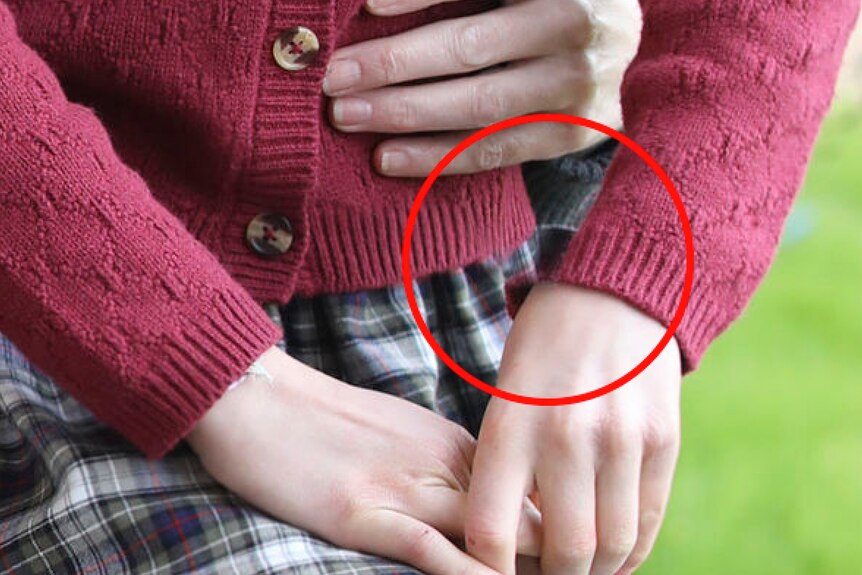 Eine Nahaufnahme der Hände von Prinzessin Charlotte, der Umschlag ihres Pullovers scheint manipuliert worden zu sein.