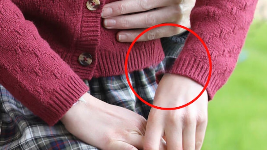 A close up of Princess Charlote's hands, the cuff of her sweater seems to have been manipulated.