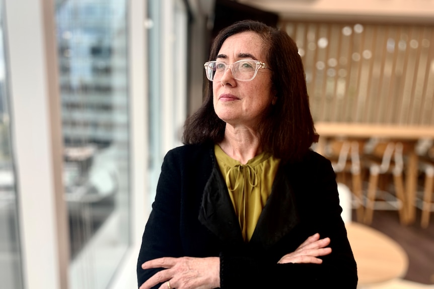 ACCC chair Gina Cass-Gottlieb stands with arms folded looking out the window in an office building.