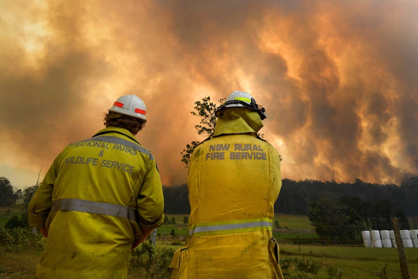Two men in firefighter uniforms look towards a wall of smoke, backlight by fire, which fills the sky in a rural setting.