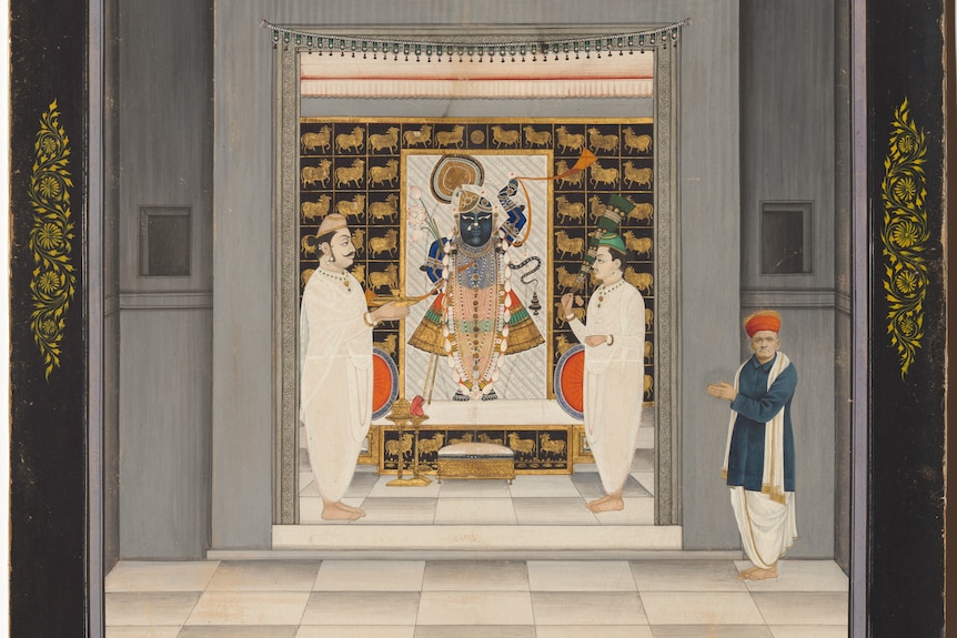 A portrait of donor and priests before Shri Nathji