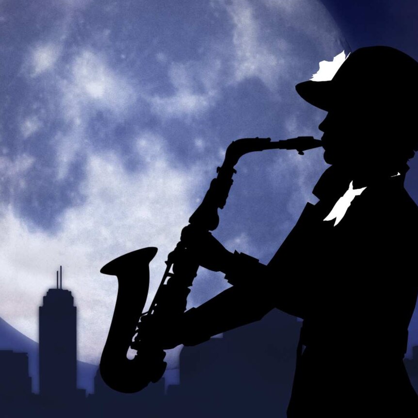 Shadow of a woman playing a saxophone against a giant moon in the night sky.
