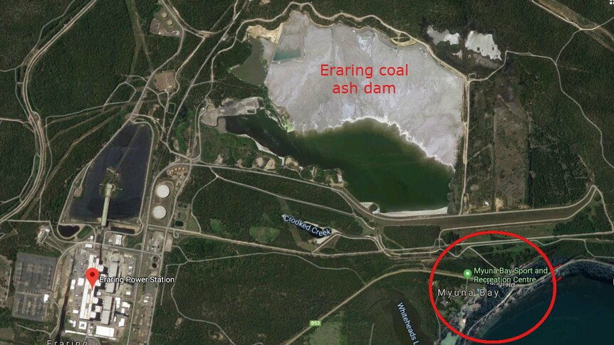 a google maps image showing the close proximity of the coal ash dam to the sports centre
