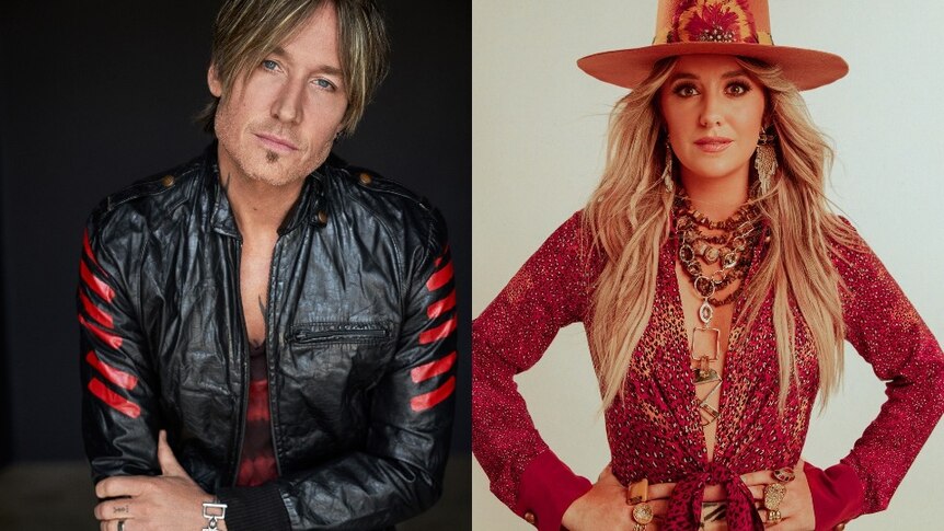 a composite image of Keith Urban wearing a leather jacket and Lainey Wilson wearing a cowboy hat