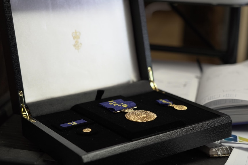 A gold Medal of the Order of Australia sitting in a box.