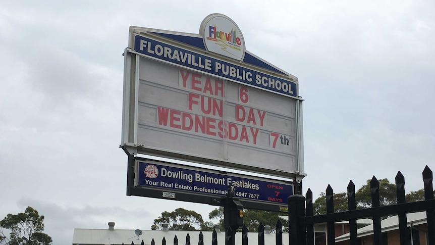The sign at Floraville Public School reading "Year 6 Fun Day Wednesday 7th".