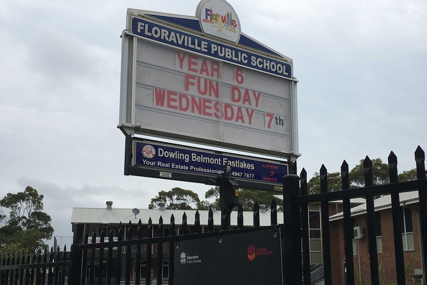 The sign at Floraville Public School reading "Year 6 Fun Day Wednesday 7th".