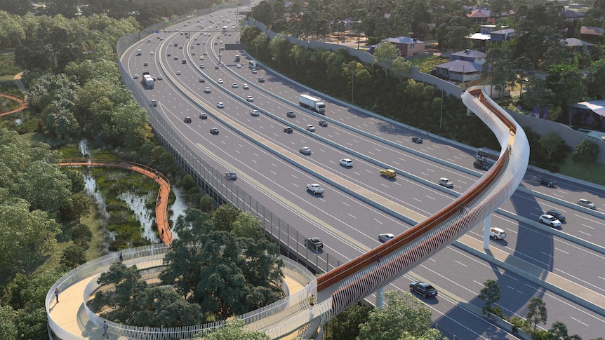 An artist impression the Eastern Freeway, with a footbridge across the road linking to a parallel walking and cycling path.