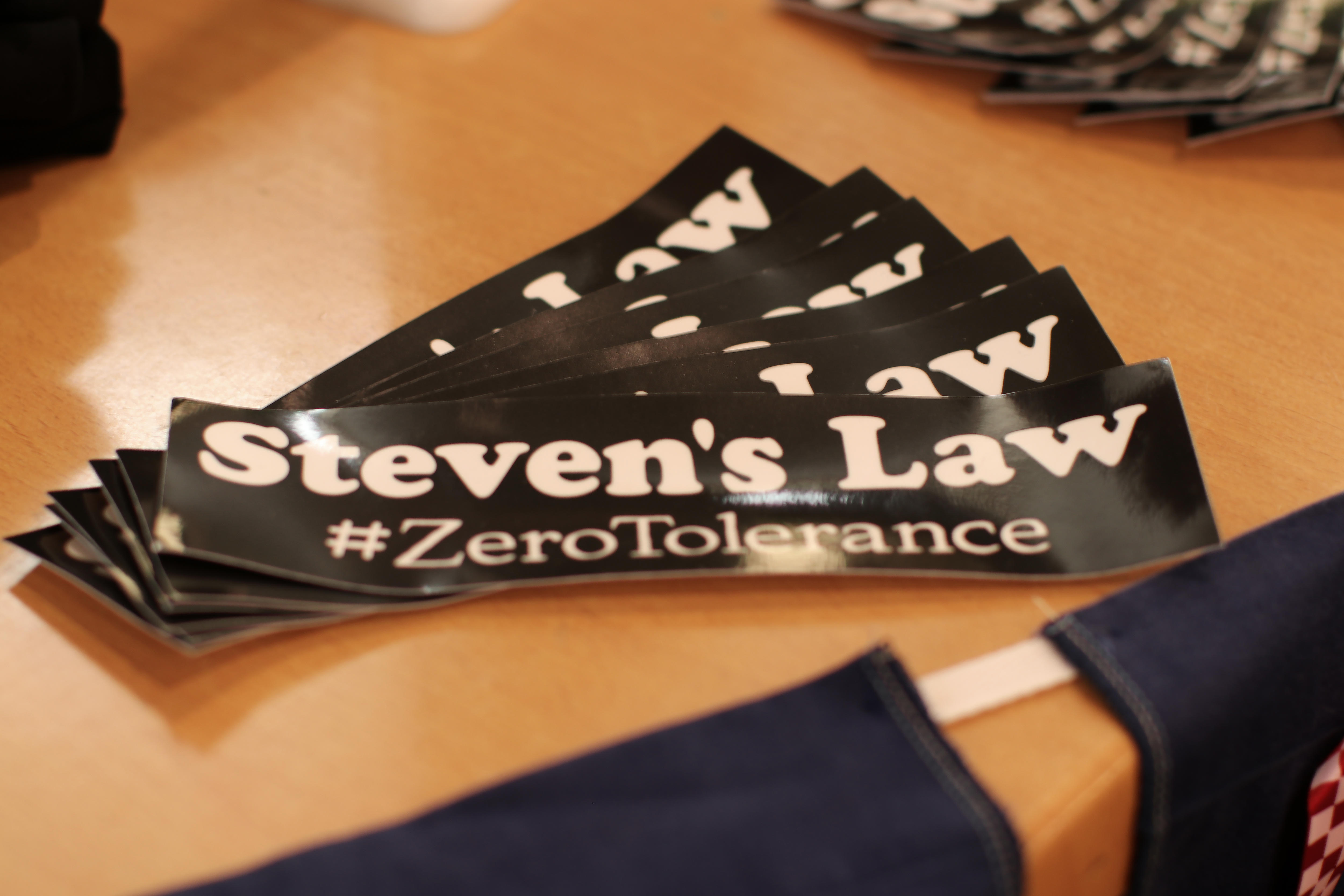 A pile of stickers that says 'Steven's Law'  #zerotolerance