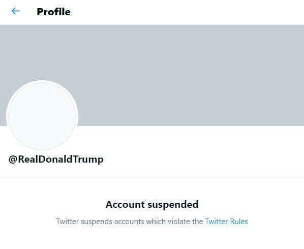 A screenshot of Donald Trump's Twitter profile, which says "account suspended" and does not feature his photo. 