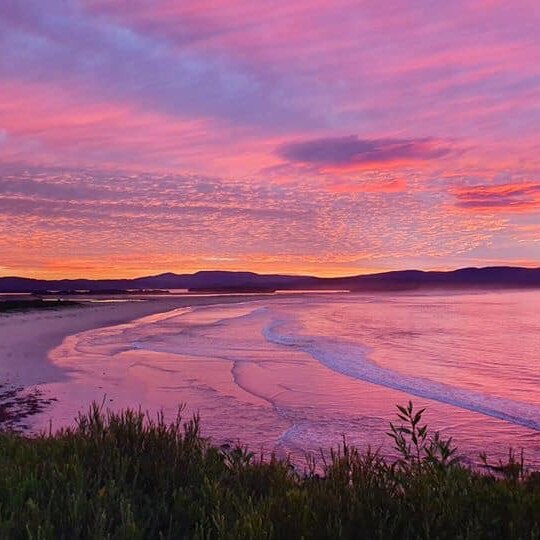 A pink and purple sunset over a calm beach from high vantage point.
