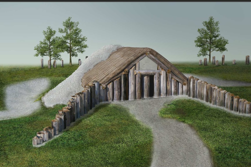 A 3D-reconstruction and visualisation shows a hut-like structure with timber posts.